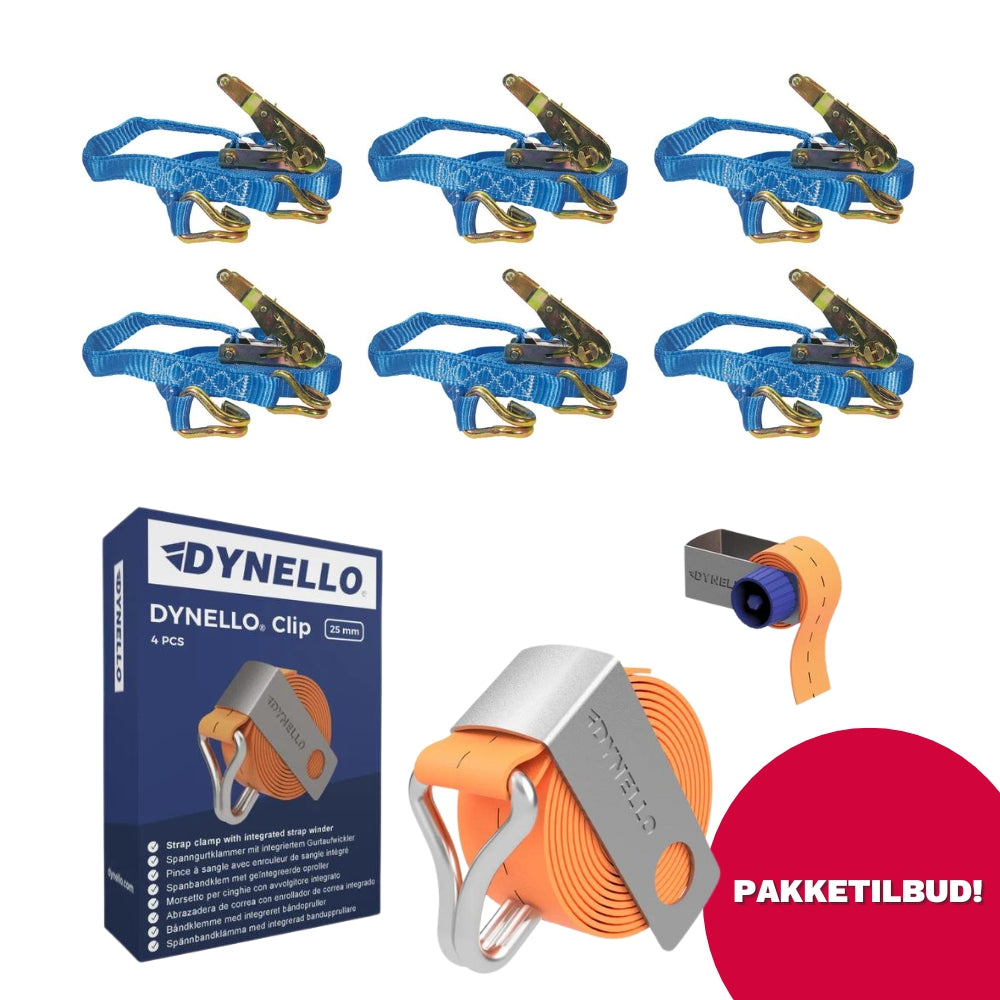PAKKETILBUD - 25 mm surringspakke 6 x 25 mm surringer + Dynello Clip™ 25mm - 4 stk. + Båndopruller